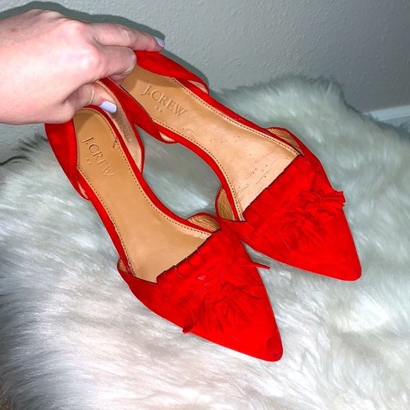 PUBLIC STORAGE TOOK J. CREW bright Red leather pointed Flats Sz 8 fringe suede - Picture 2 of 16